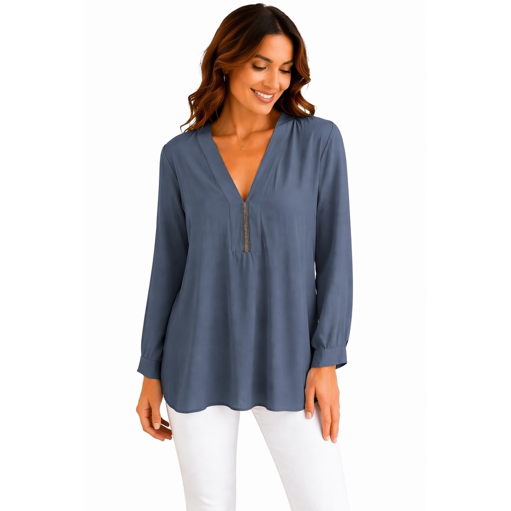Etcetera Designer Blue Mixed Media Tunic Blouse silk Size 12 Large